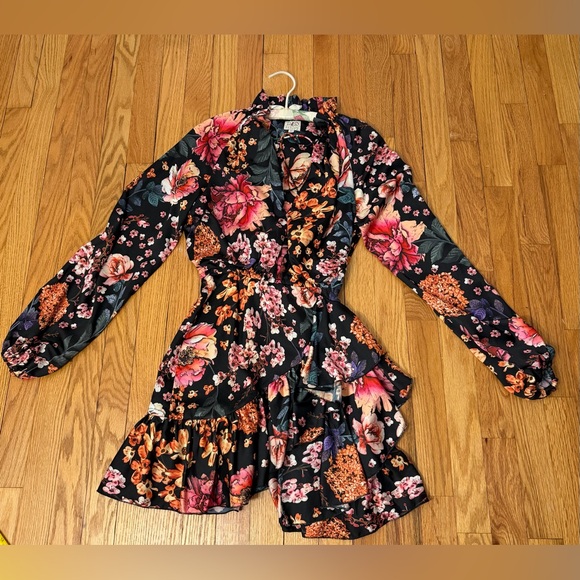 Torn Boston Proper Floral Wrap Mini Dress in Black with Pink & Orange Blooms XS - Picture 8 of 14